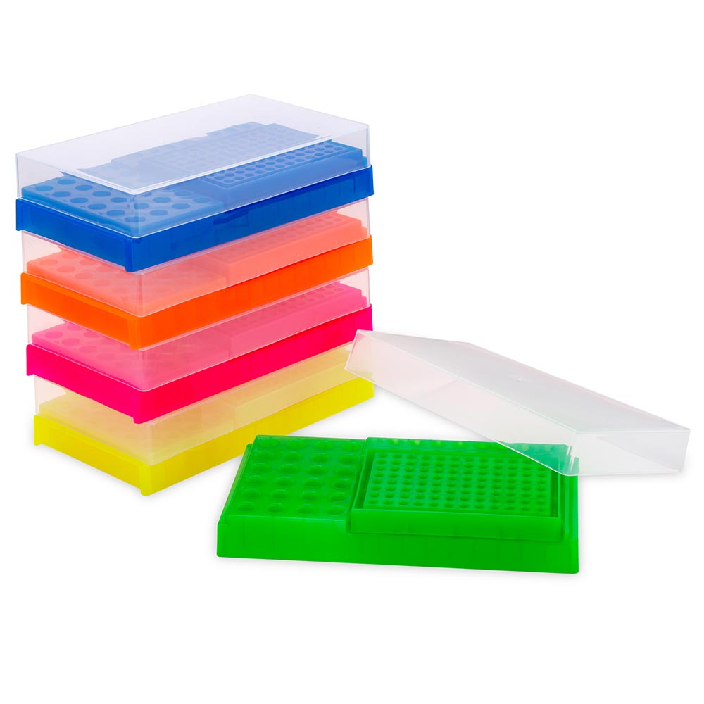 Globe Scientific PCR Work Racks, with Lids, holds 32 x 0.2mL PCR Tubes, 16 x 0.5mL PCR Tubes, 24 x 1.5/2.0mL Microcentrifuge Tubes, Two (2) Racks per Pack Image